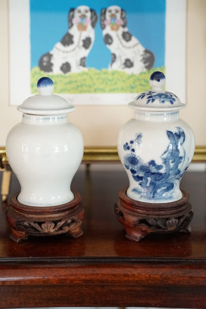 Pair of — Vintage Mini Blue and White Temple Jars with Stands