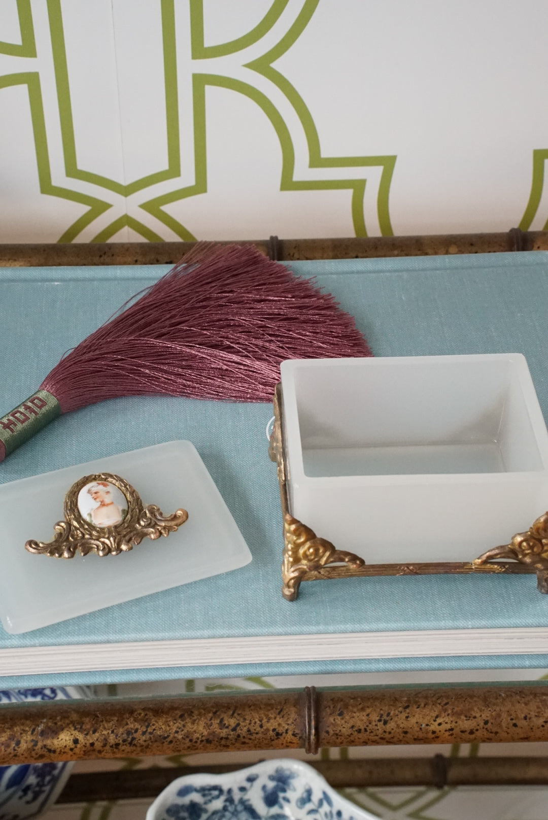 Vintage Milk Glass Box with Hand Painted Portrait