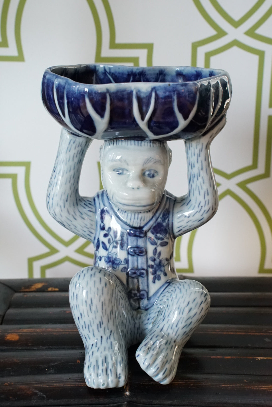 Vintage Blue and White Floral Chinoiserie Monkey Bowl