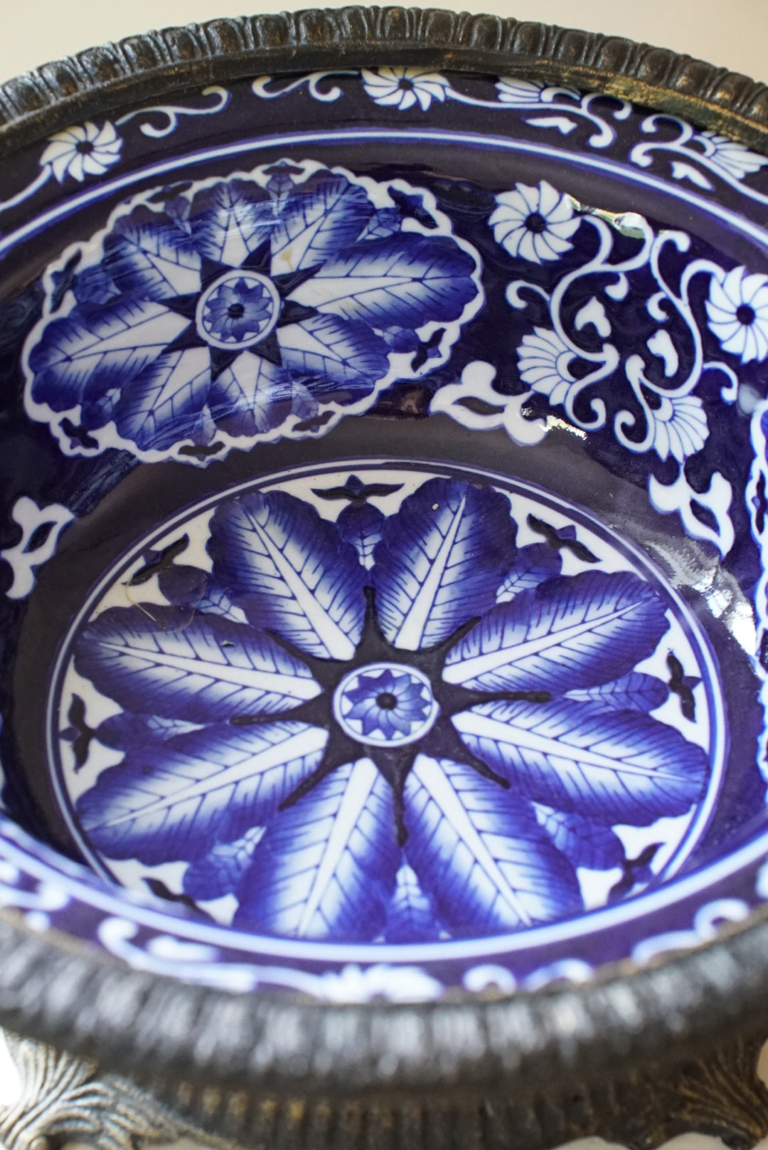 Vintage Large Ormolu Mounted Blue and White Bowl