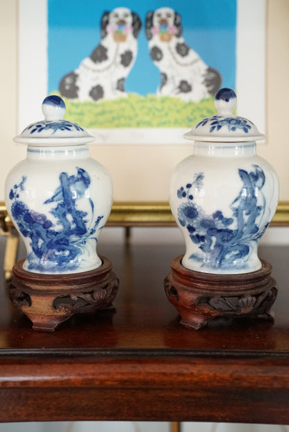 Pair of — Vintage Mini Blue and White Temple Jars with Stands