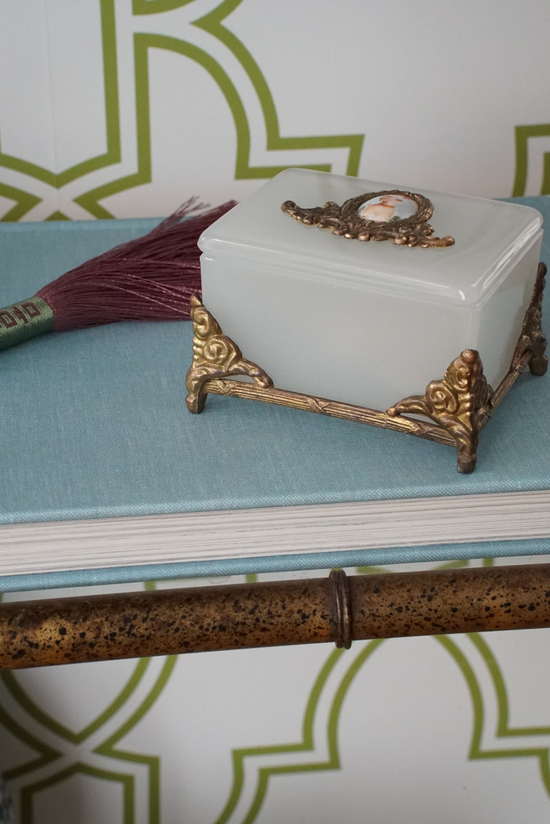 Vintage Milk Glass Box with Hand Painted Portrait