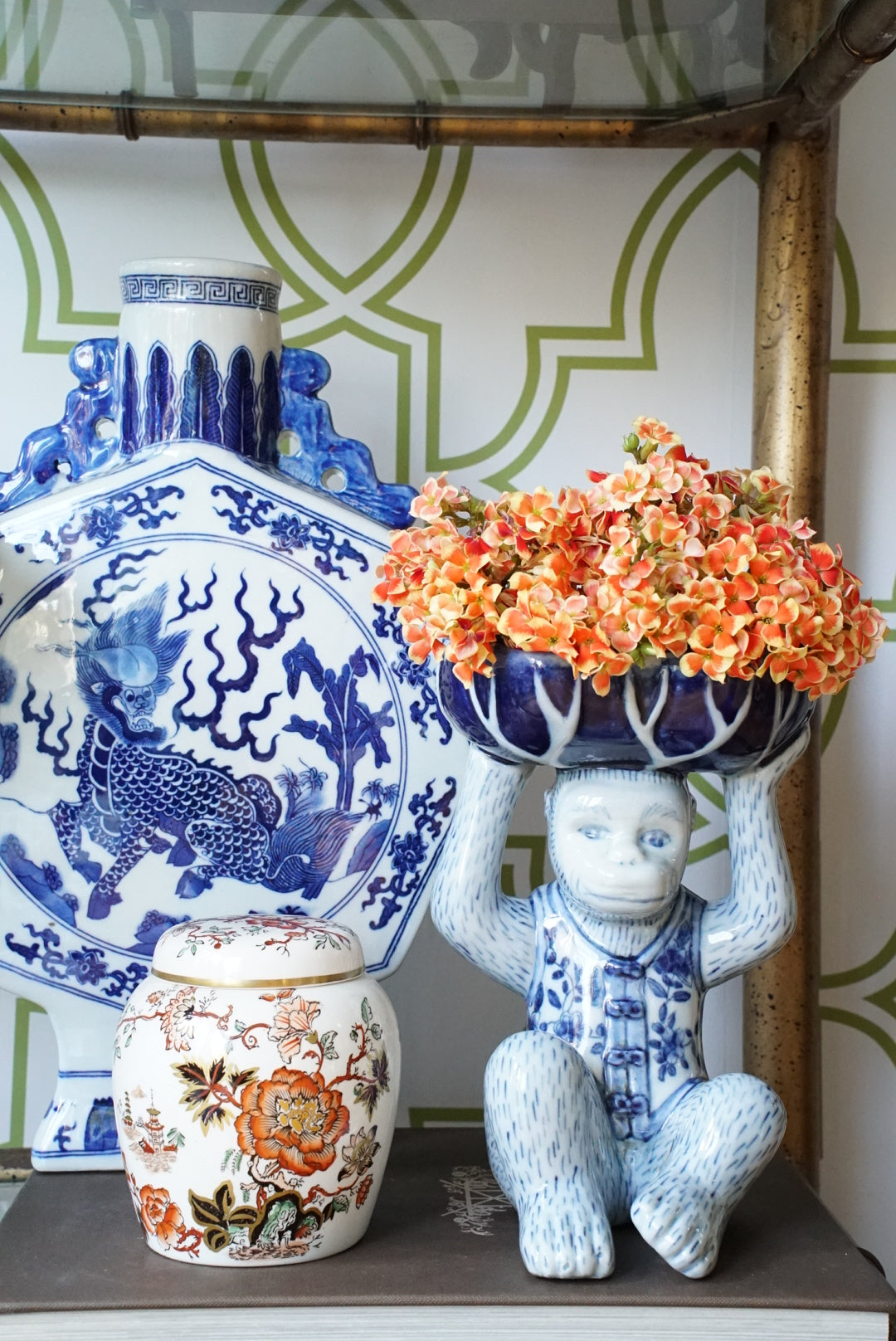 Vintage Blue and White Floral Chinoiserie Monkey Bowl