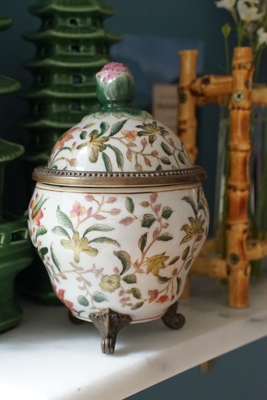 Vintage Brass Mounted Chinoiserie Jar by Hua Rong Tang