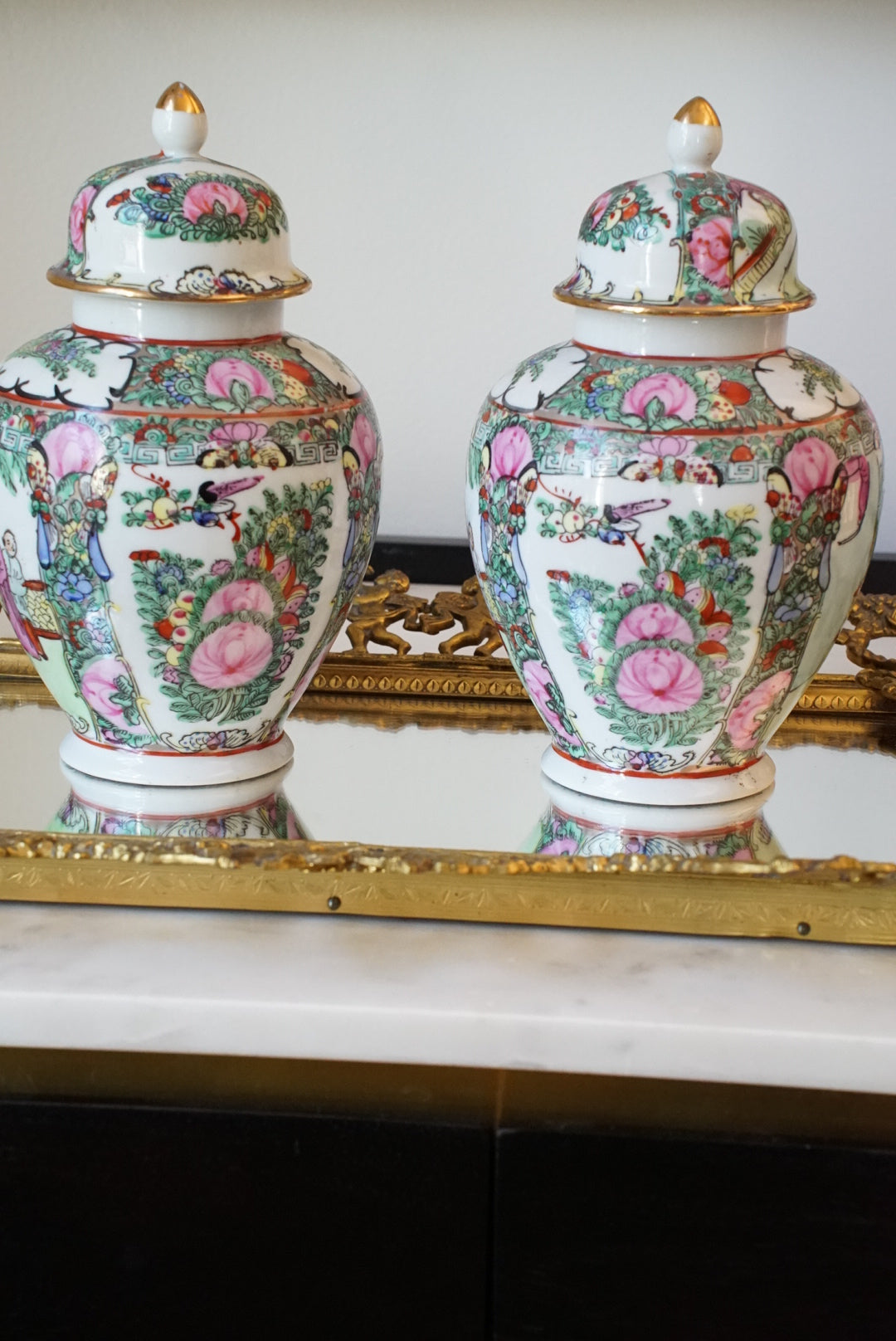 Pair of — Vintage Rose Medallion Temple Jars