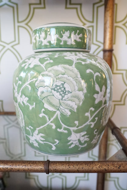 Large Green Chinoiserie Twisted Lotus Ginger Jar