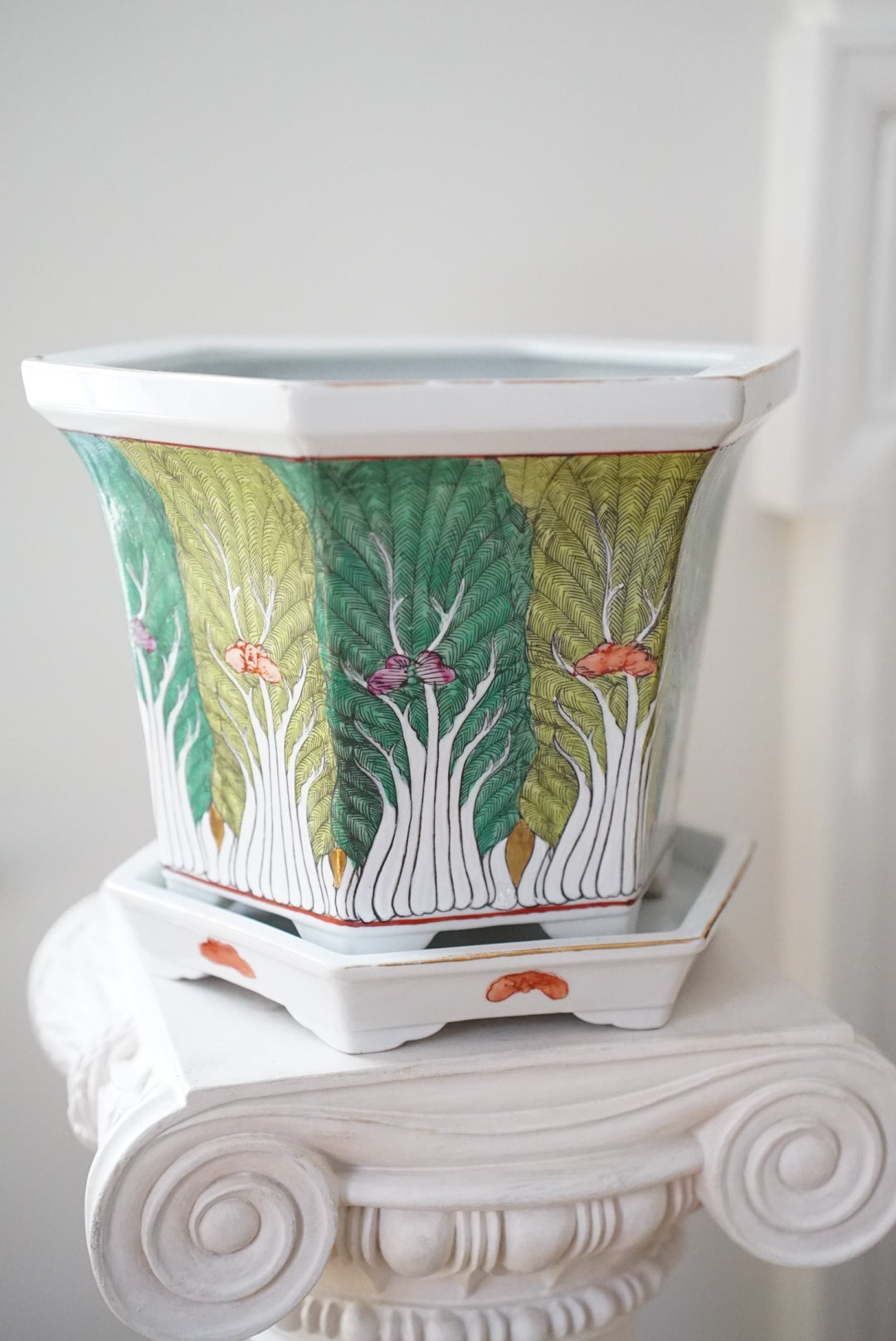 Vintage Large Hexagonal Famille Verte Bok Choy Planter with Saucer