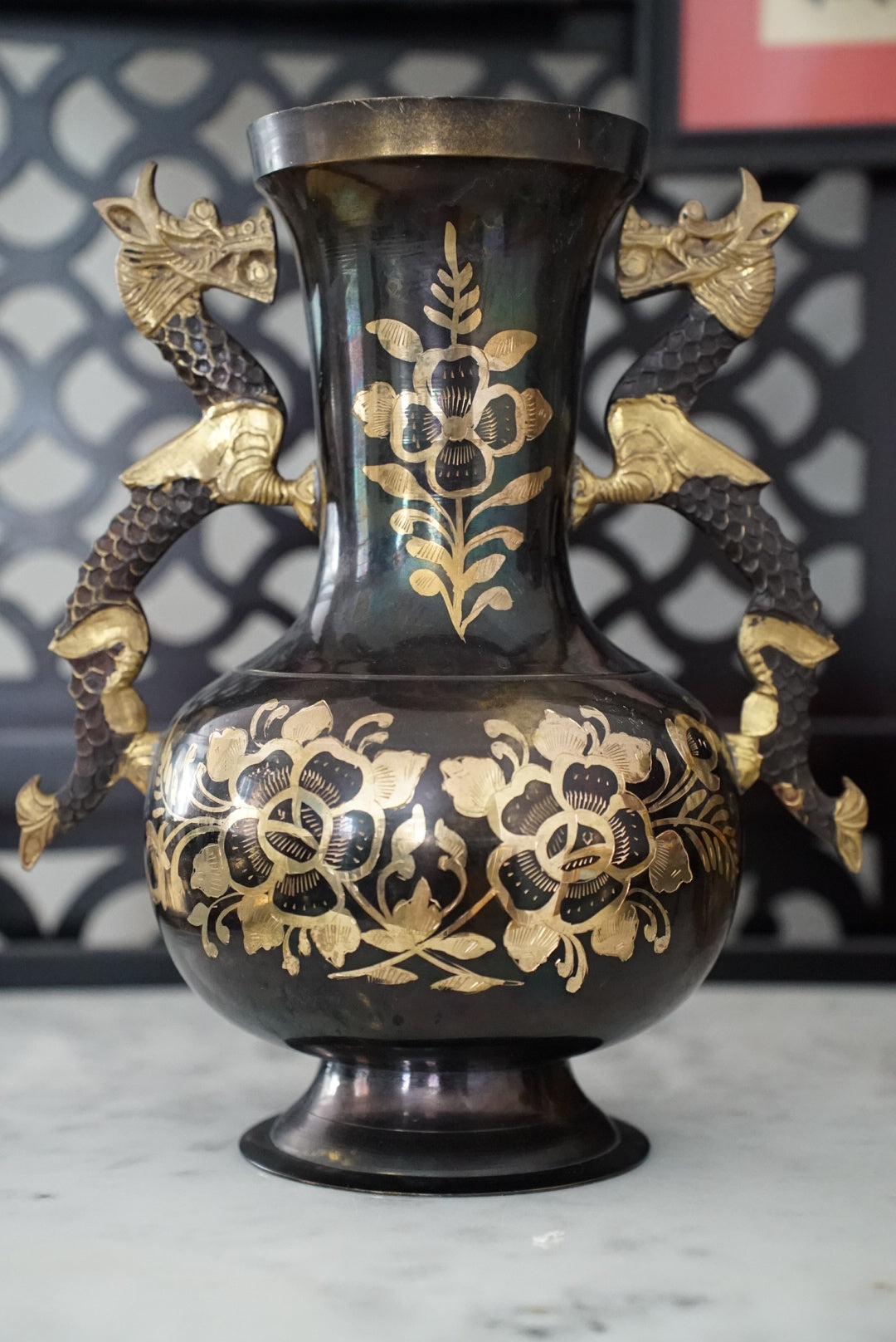 Vintage Black & Gold Etched Brass Vase with Dragon Handles