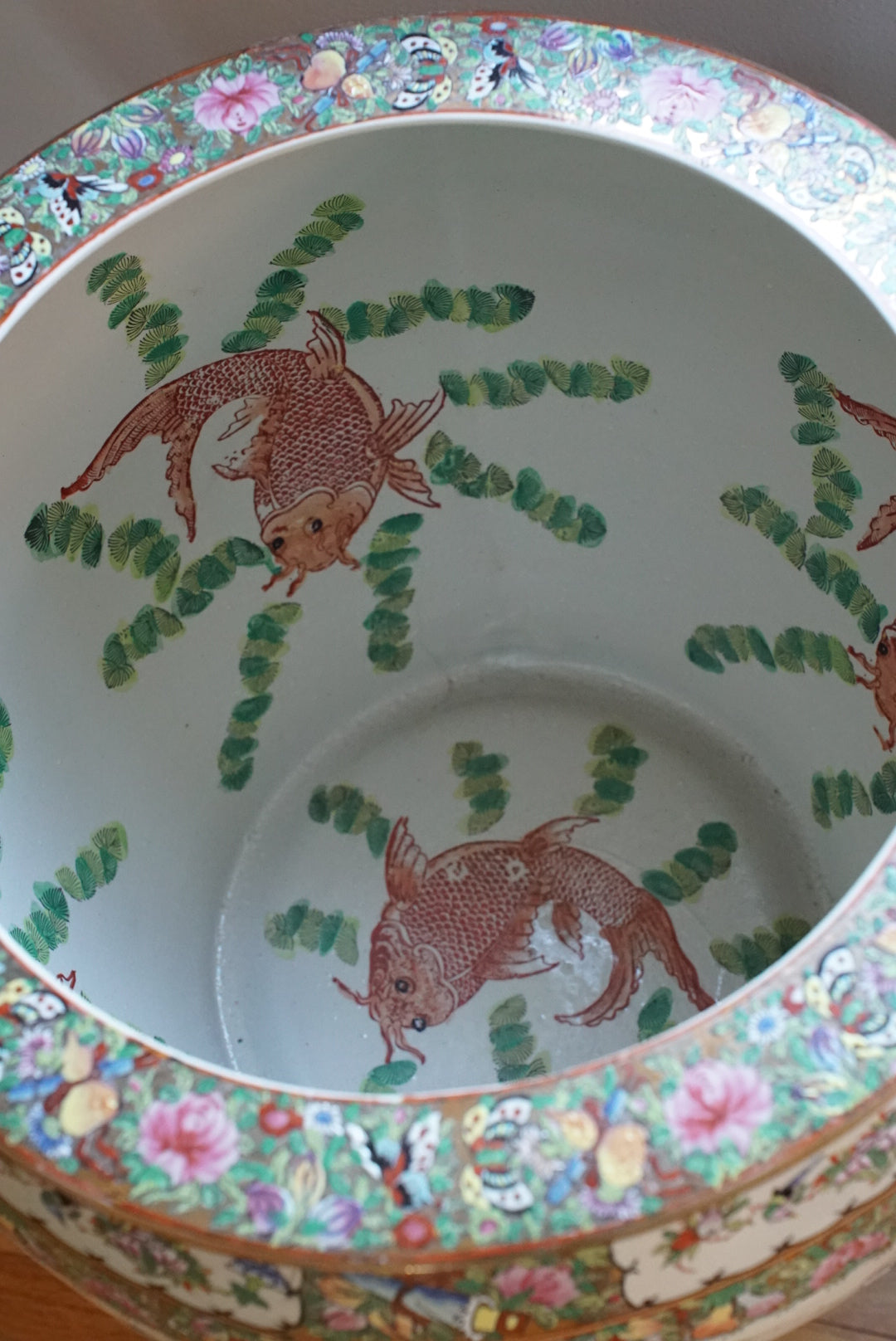 Pair of — XL Vintage Rose Canton Fishbowl Planter with Stand