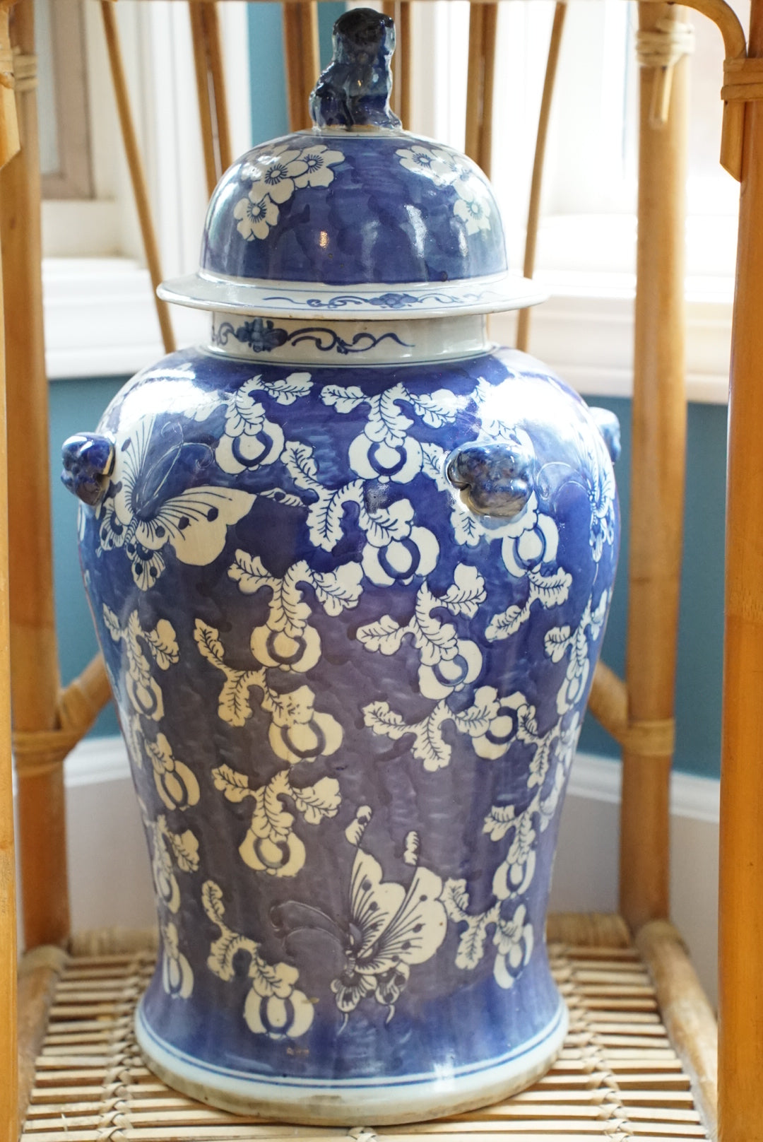 XL Blue and White Butterfly Temple Jar