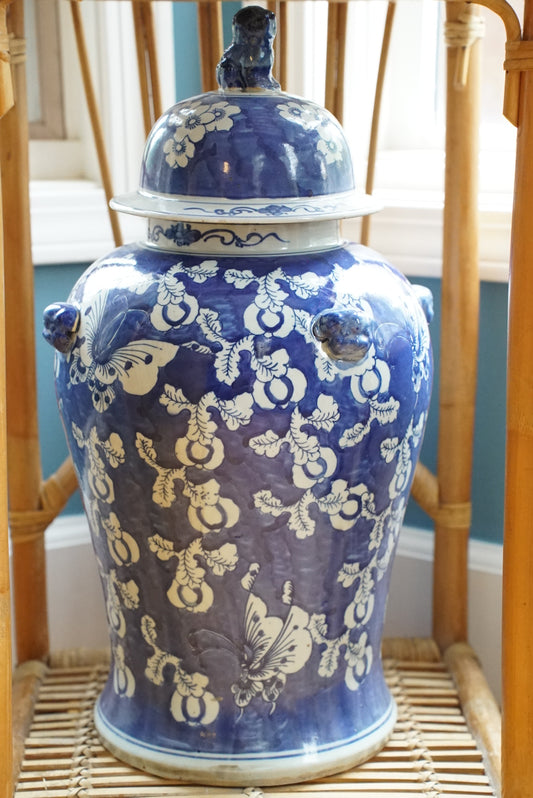 XL Blue and White Butterfly Temple Jar