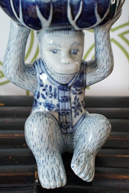 Vintage Blue and White Floral Chinoiserie Monkey Bowl