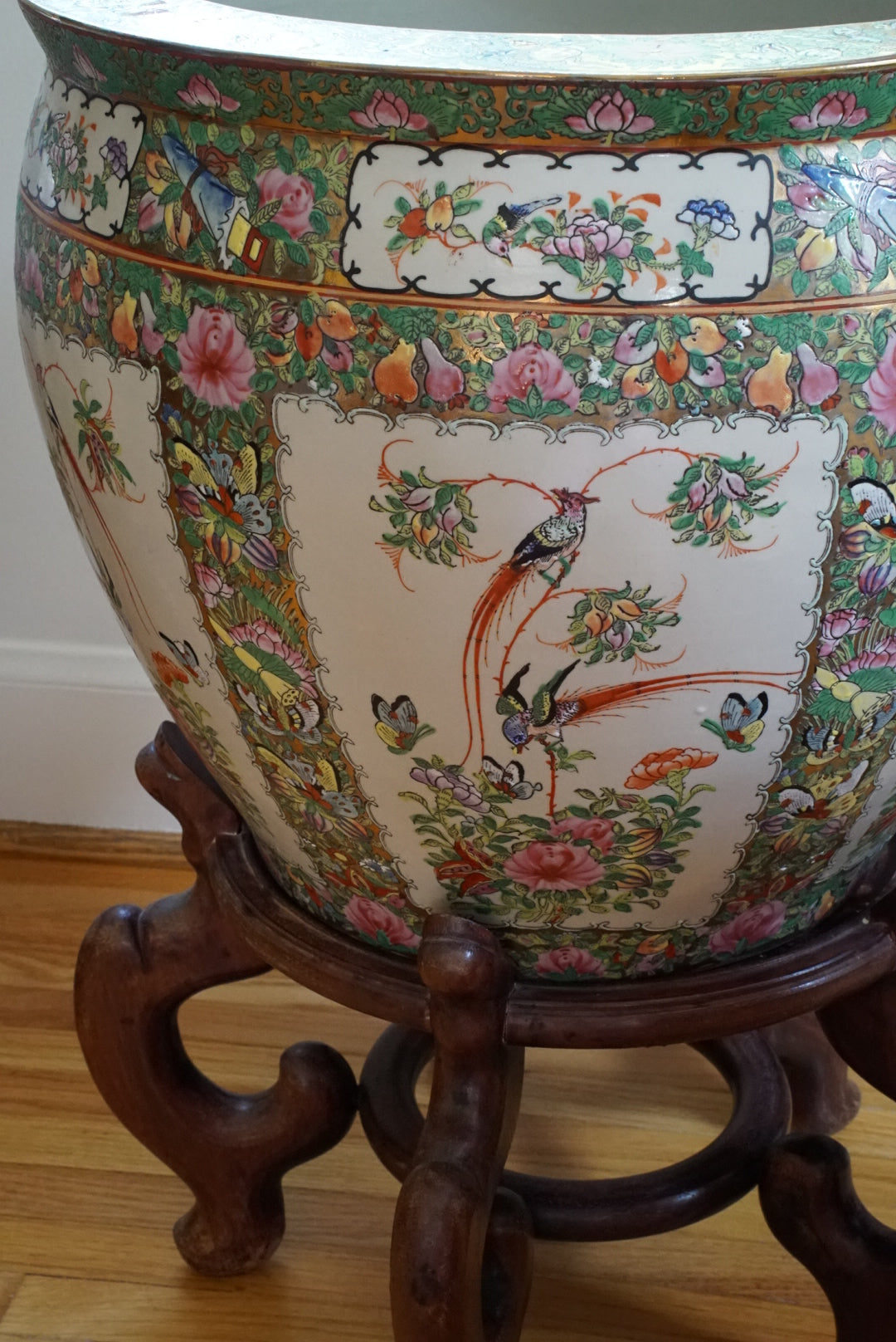 Pair of — XL Vintage Rose Canton Fishbowl Planter with Stand