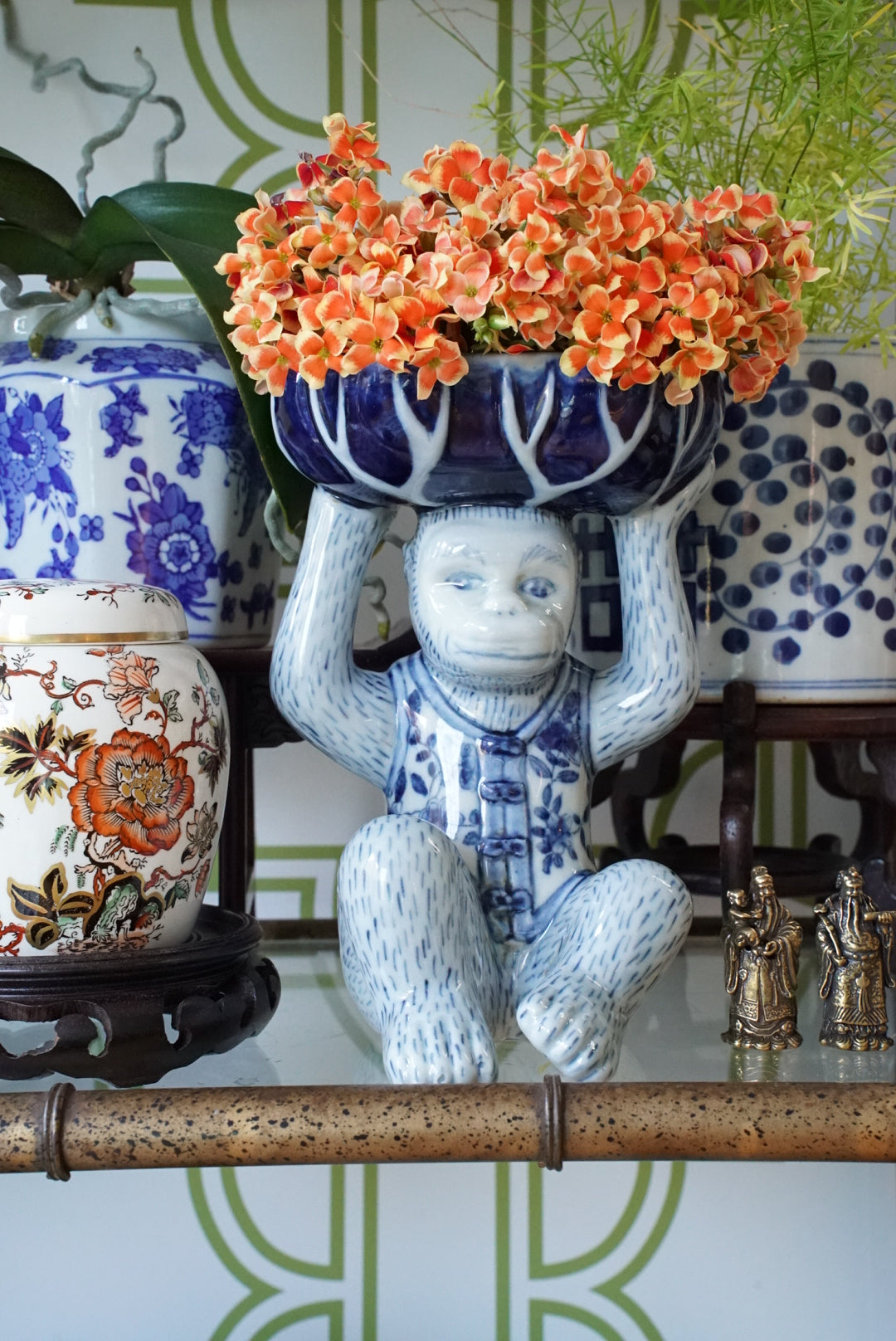 Vintage Blue and White Floral Chinoiserie Monkey Bowl