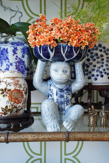 Vintage Blue and White Floral Chinoiserie Monkey Bowl