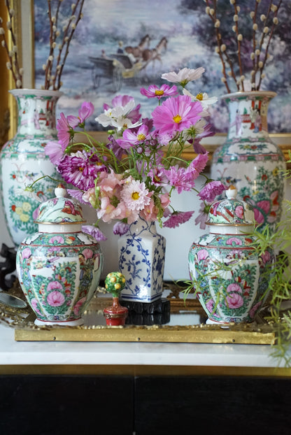 Pair of — Vintage Rose Medallion Temple Jars