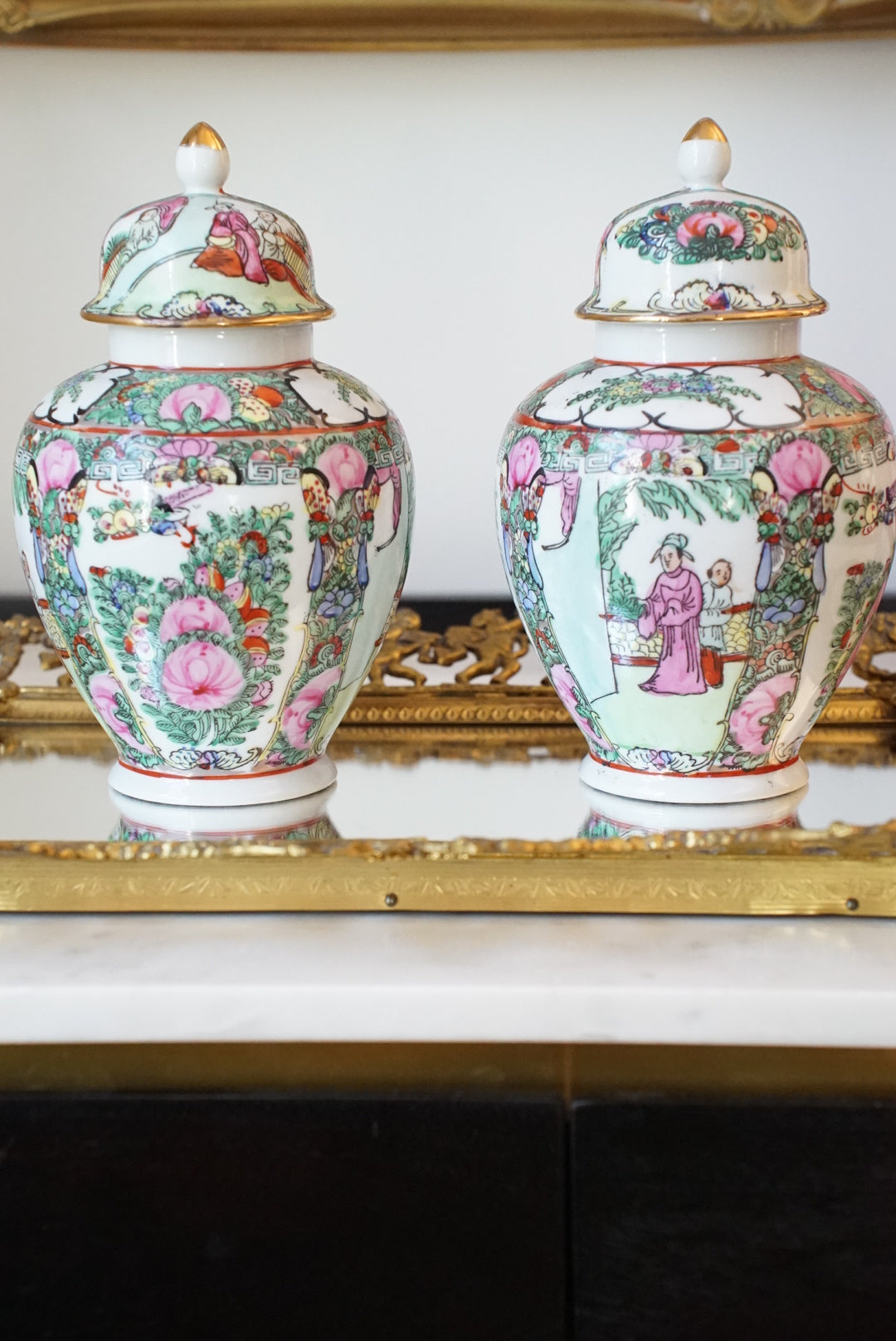 Pair of — Vintage Rose Medallion Temple Jars
