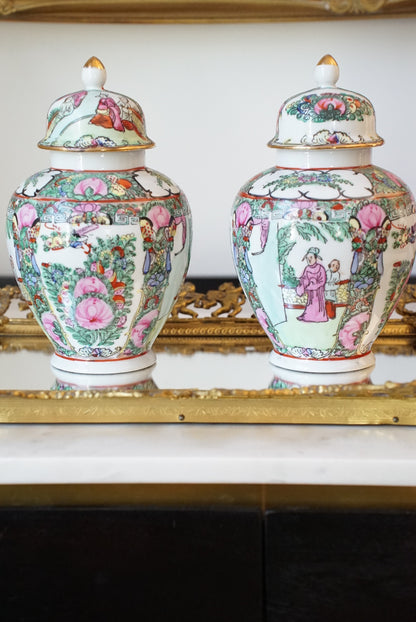 Pair of — Vintage Rose Medallion Temple Jars