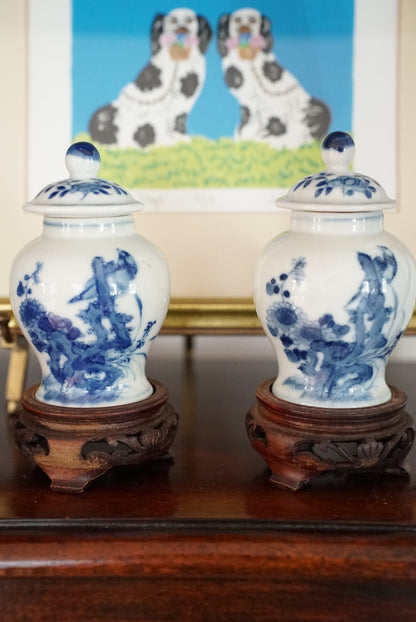 Pair of — Vintage Mini Blue and White Temple Jars with Stands