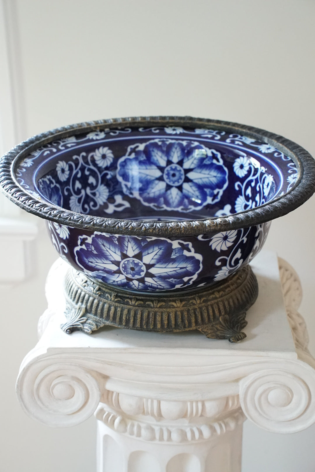 Vintage Large Ormolu Mounted Blue and White Bowl