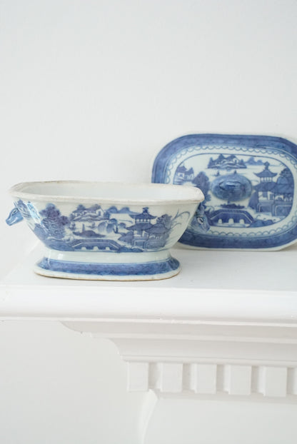 Antique Blue Canton Sauce Tureen with Boar Handles