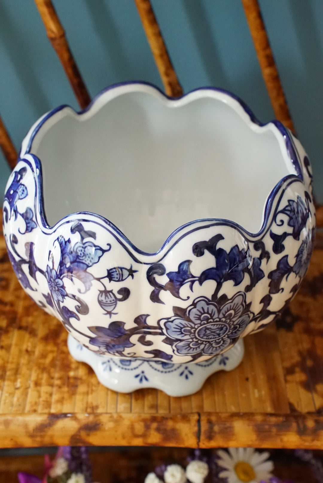 Vintage Scalloped Blue and White Cachepot