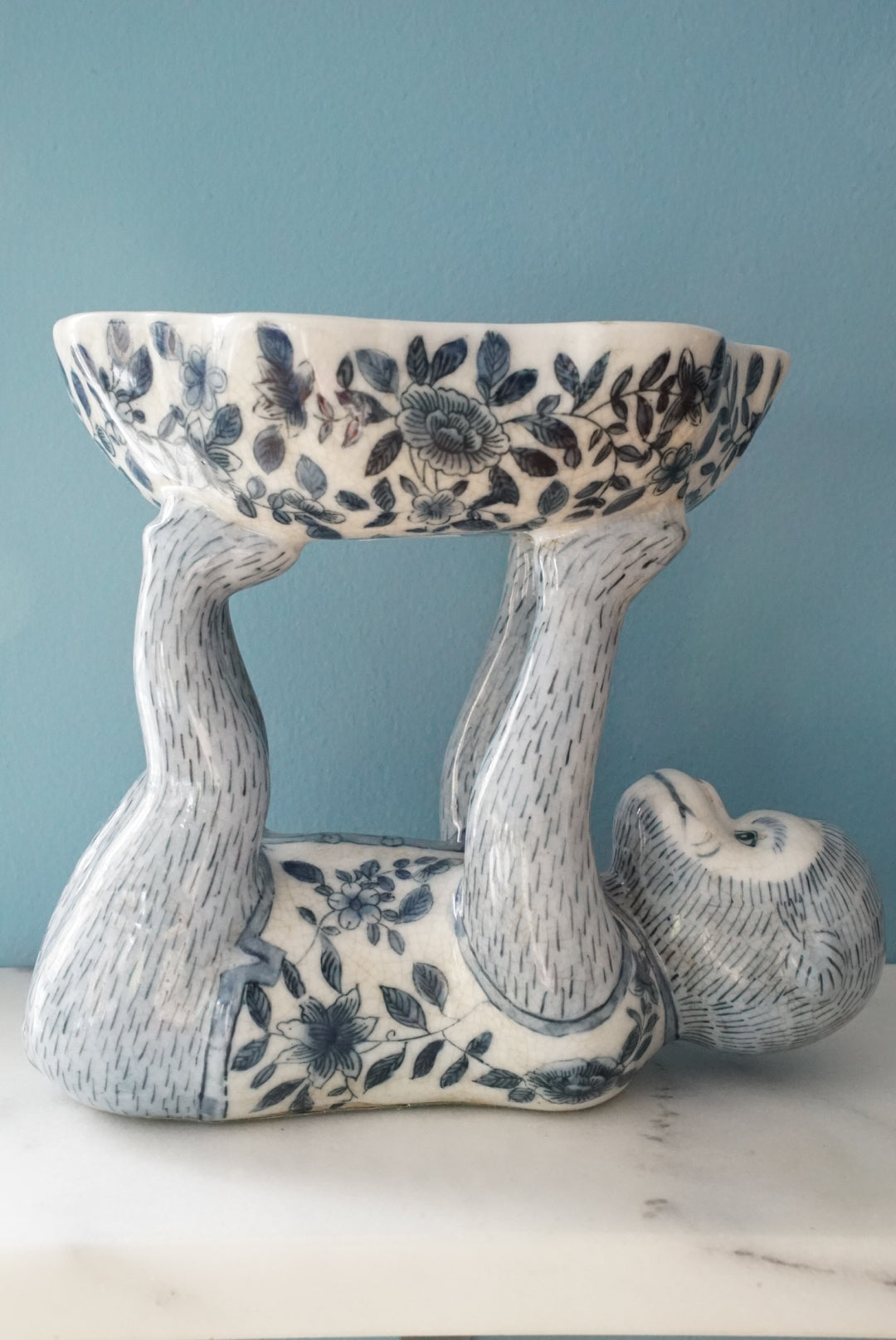 Vintage Blue and White Floral Chinoiserie Monkey Bowl