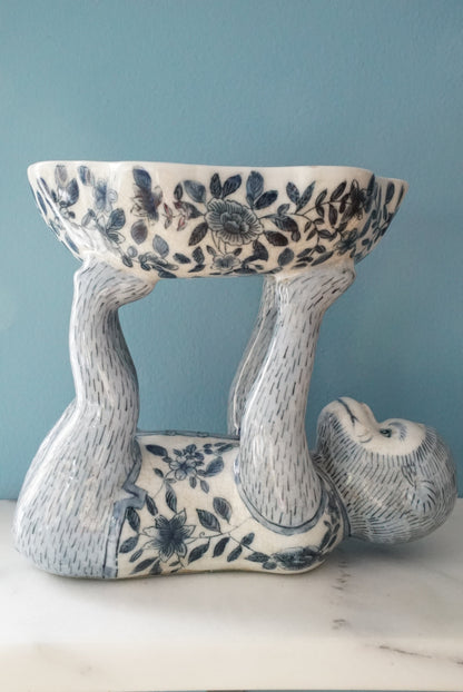 Vintage Blue and White Floral Chinoiserie Monkey Bowl