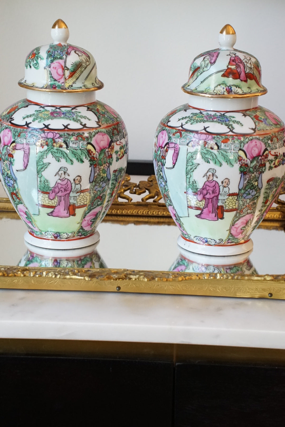 Pair of — Vintage Rose Medallion Temple Jars