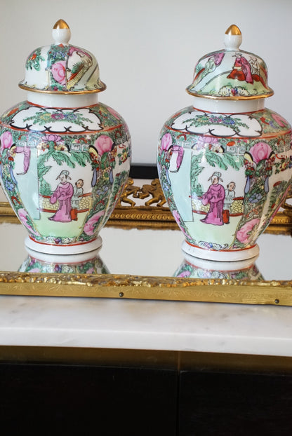 Pair of — Vintage Rose Medallion Temple Jars