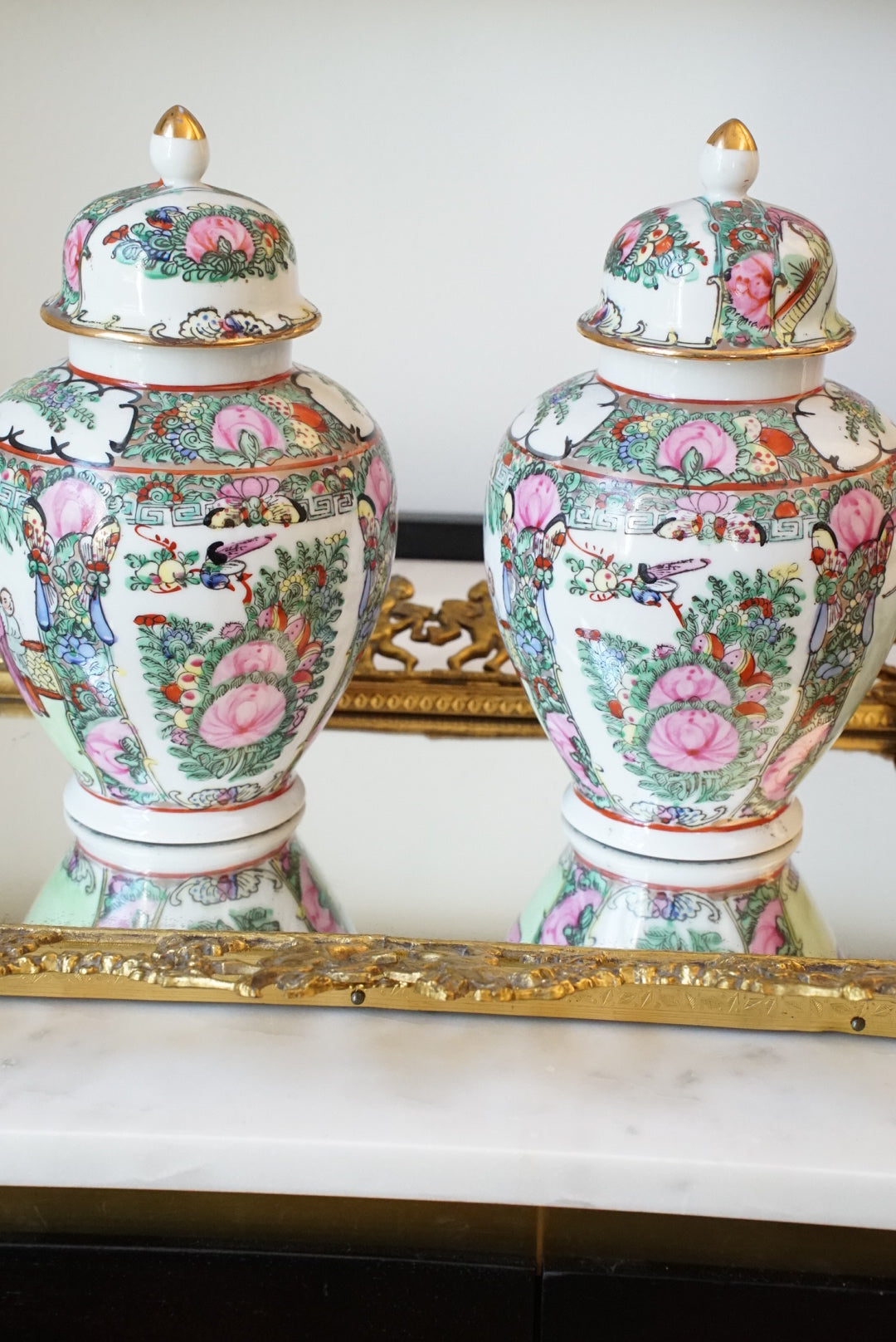 Pair of — Vintage Rose Medallion Temple Jars