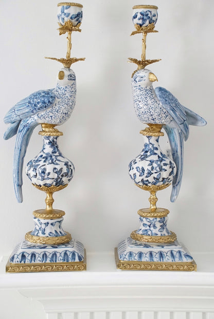 Pair of — Ormolu Mounted Blue and White Candelabra