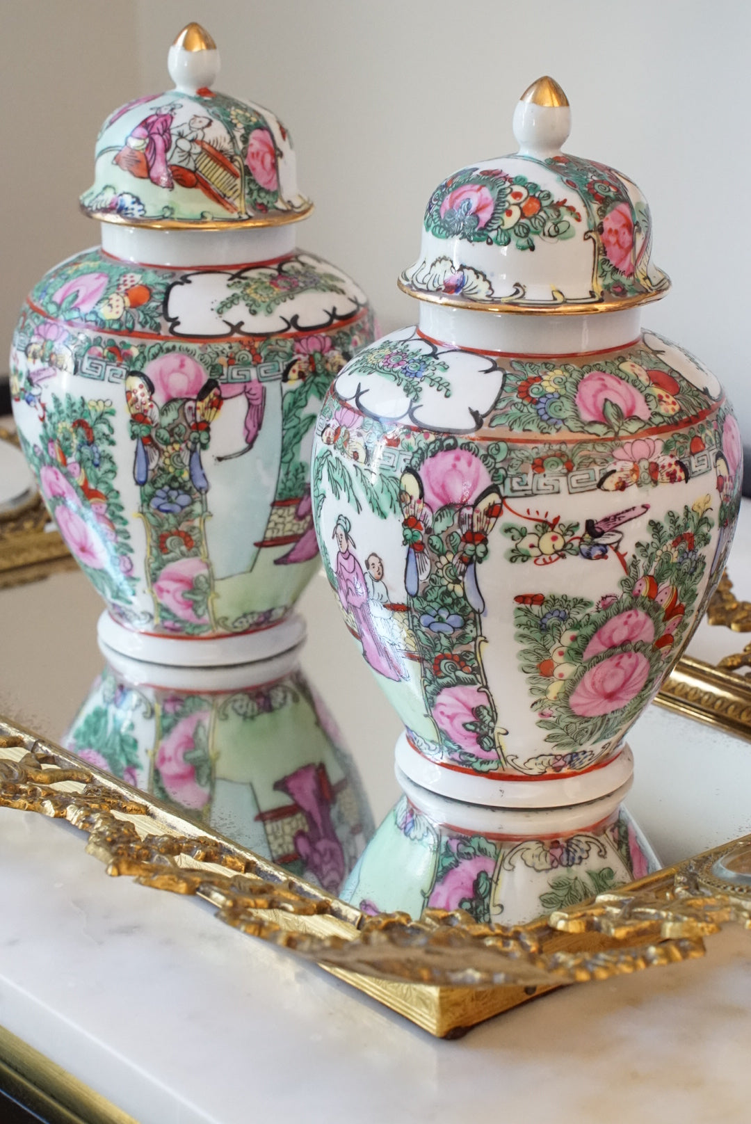 Pair of — Vintage Rose Medallion Temple Jars