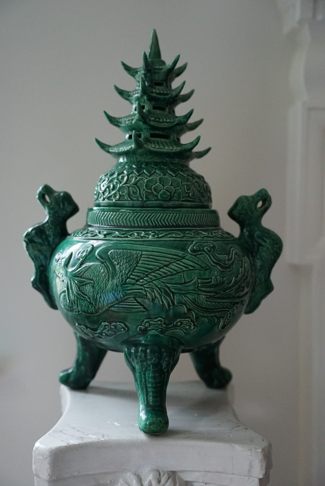XL Green Pagoda-Topped Footed Urn
