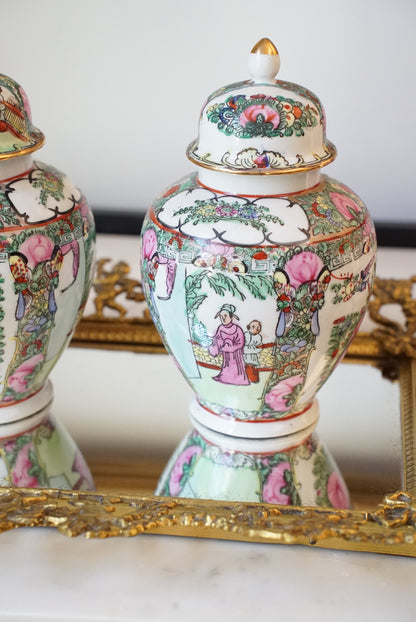 Pair of — Vintage Rose Medallion Temple Jars