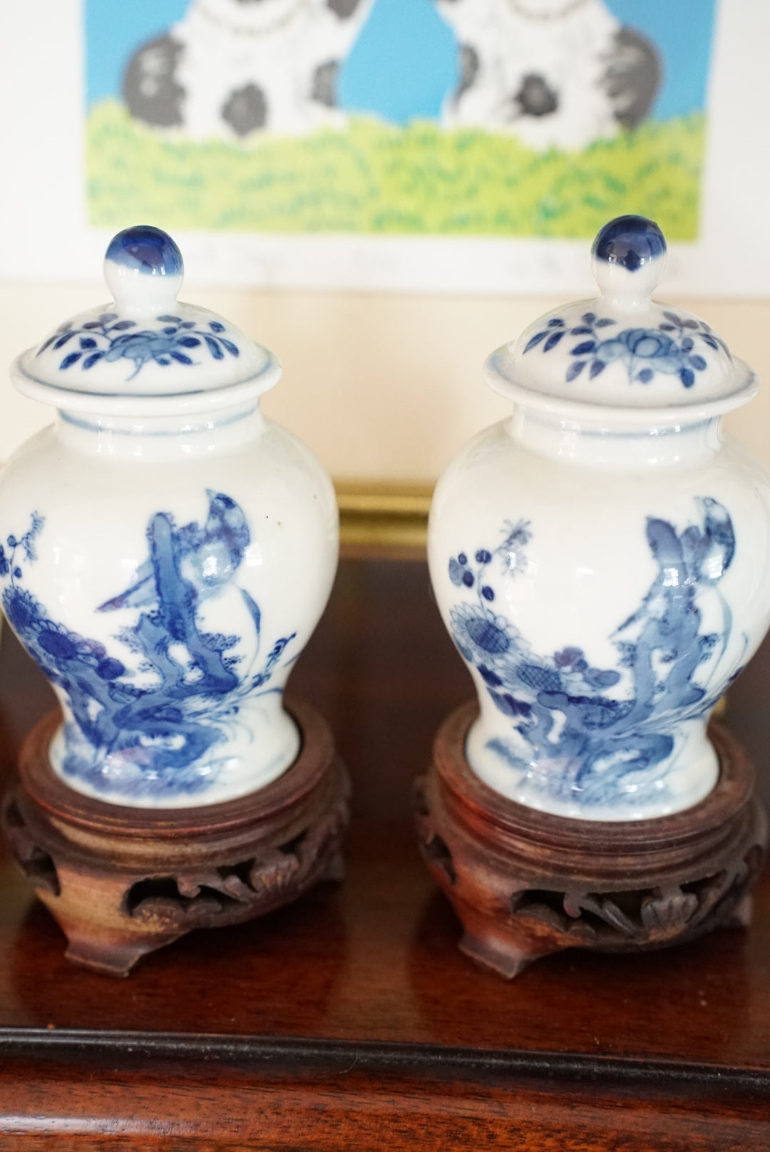 Pair of — Vintage Mini Blue and White Temple Jars with Stands