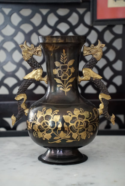 Vintage Black & Gold Etched Brass Vase with Dragon Handles