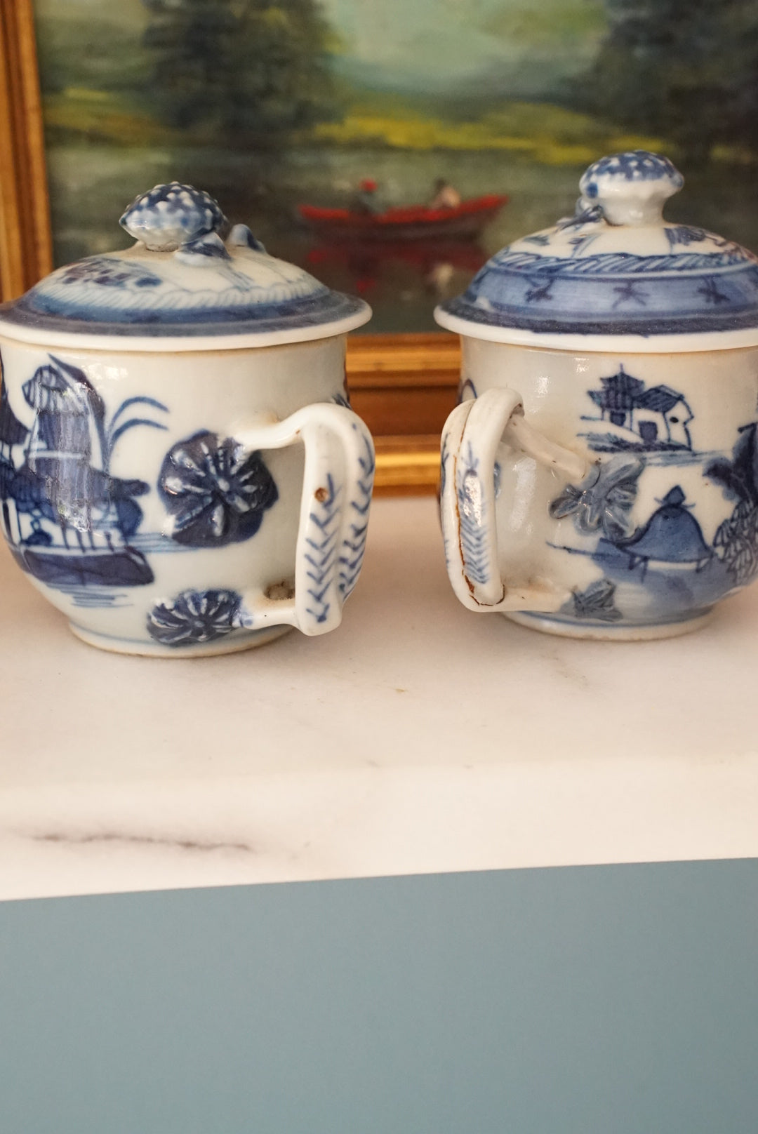 Pair of — Antique Blue Canton Petite Mugs
