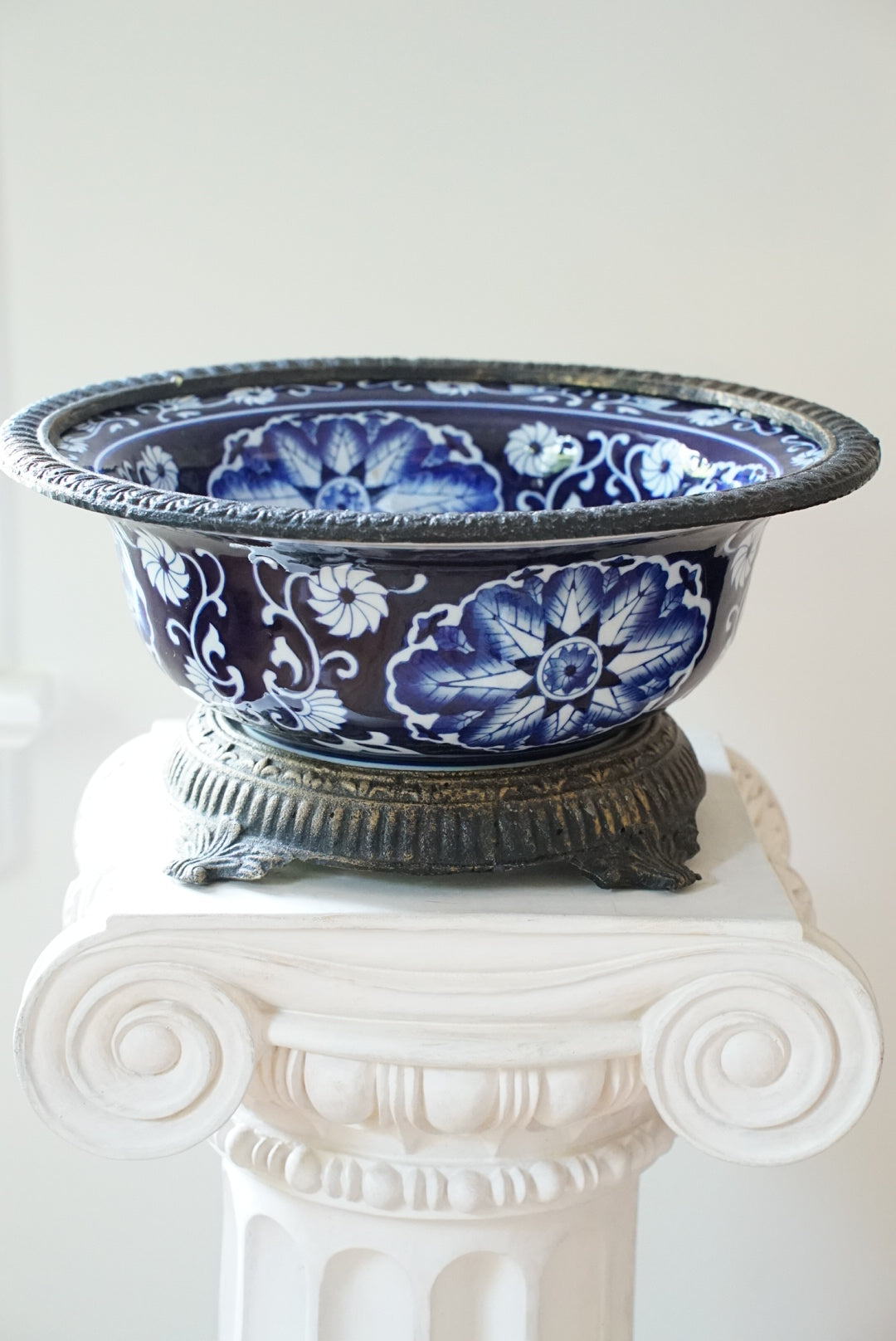 Vintage Large Ormolu Mounted Blue and White Bowl