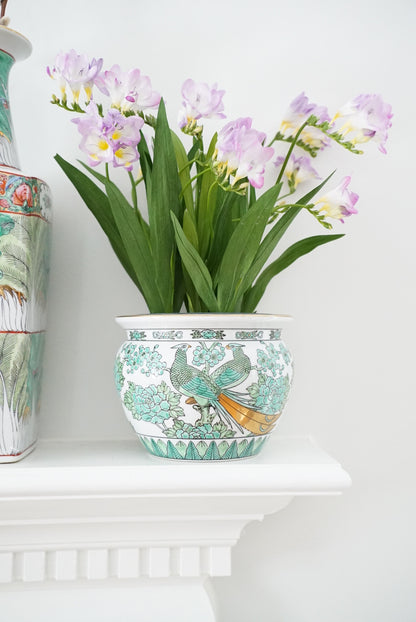 Vintage Gold Imari Green Peacock Jardiniere