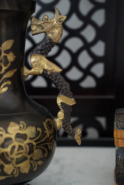 Vintage Black & Gold Etched Brass Vase with Dragon Handles