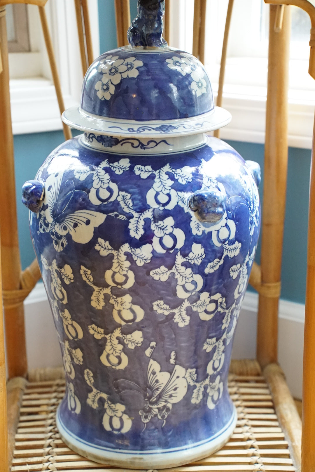 XL Blue and White Butterfly Temple Jar