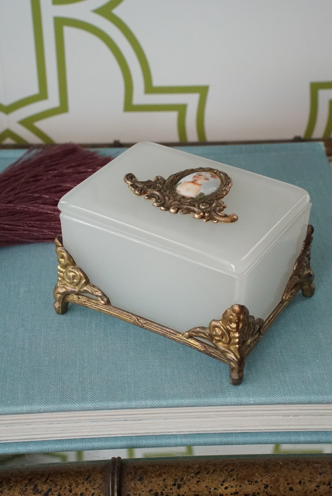 Vintage Milk Glass Box with Hand Painted Portrait