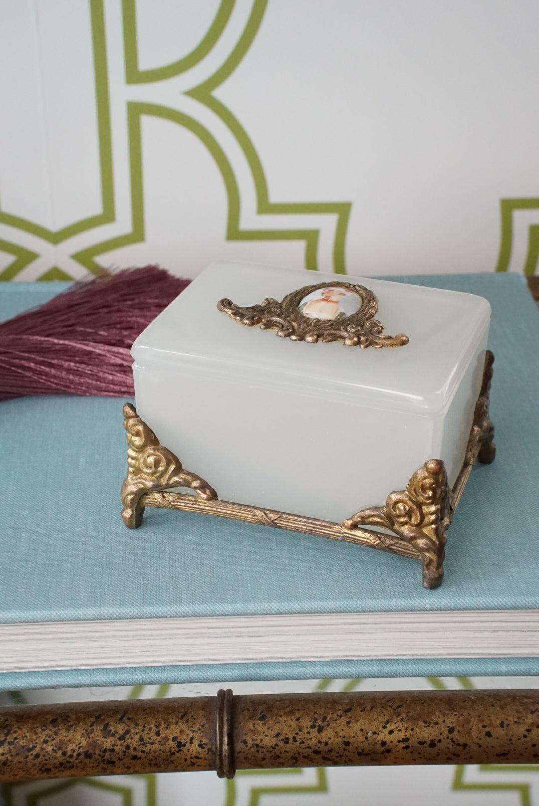 Vintage Milk Glass Box with Hand Painted Portrait