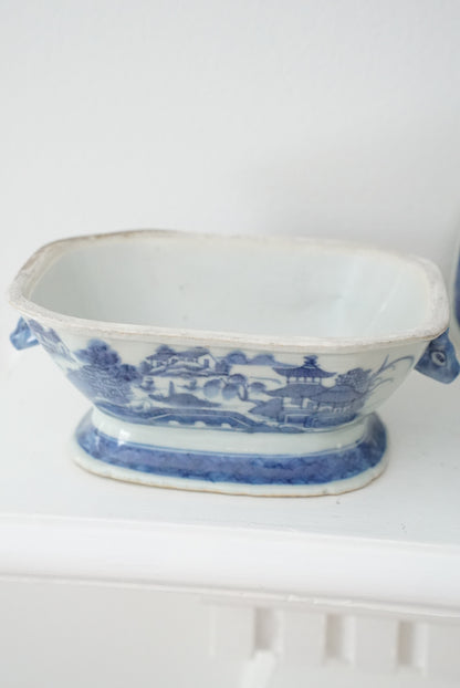 Antique Blue Canton Sauce Tureen with Boar Handles