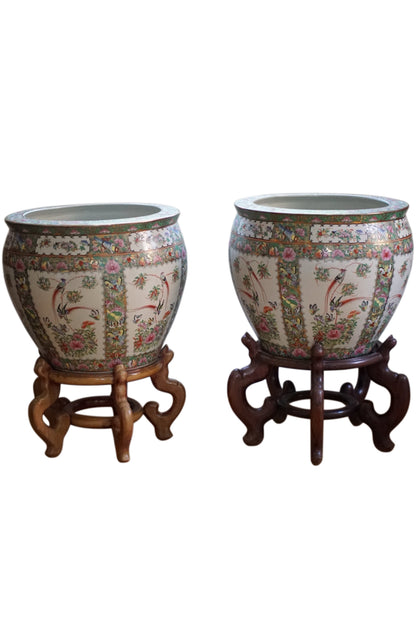 Pair of — XL Vintage Rose Canton Fishbowl Planter with Stand