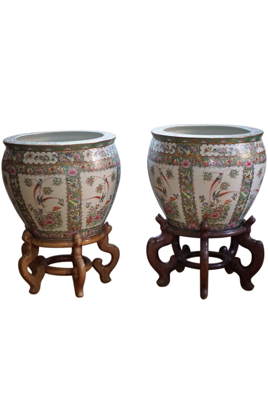 Pair of — XL 16” Vintage Rose Canton Fishbowl Planter with Stand