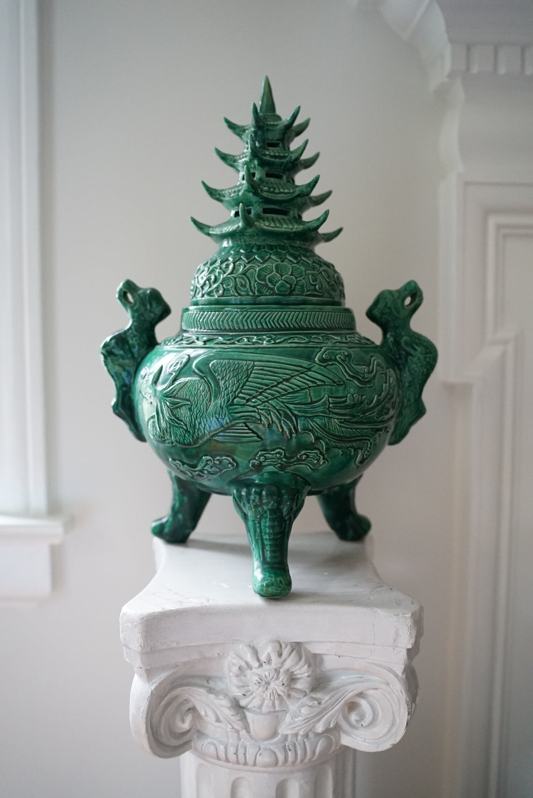 XL Green Pagoda-Topped Footed Urn