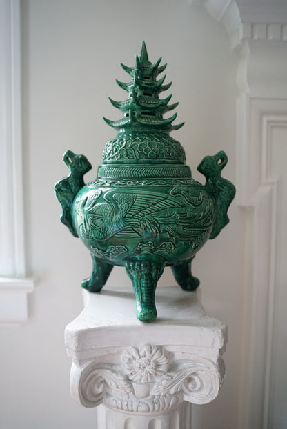 XL Green Pagoda-Topped Footed Urn