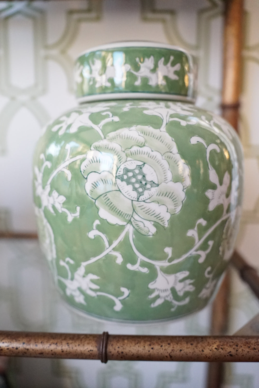 Large Green Chinoiserie Twisted Lotus Ginger Jar